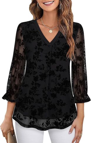 Youtalia Women's Ruffle 3/4 Sleeve Tunic Tops Floral Blouses Casual Double Layers V Neck Dressy Shirts in Kuwait