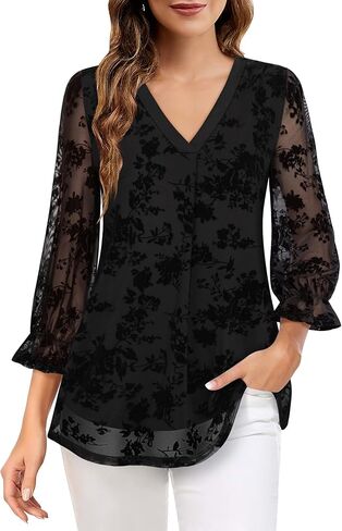 Youtalia Women's Ruffle 3/4 Sleeve Tunic Tops Floral Blouses Casual Double Layers V Neck Dressy Shirts in Kuwait
