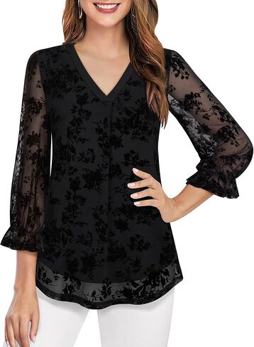 Youtalia Women's Ruffle 3/4 Sleeve Tunic Tops Floral Blouses Casual Double Layers V Neck Dressy Shirts in Kuwait
