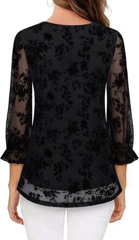 Youtalia Women's Ruffle 3/4 Sleeve Tunic Tops Floral Blouses Casual Double Layers V Neck Dressy Shirts in Kuwait