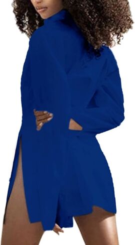 LYANER Women's Collar V Neck Blouse Long Sleeve Button Down Split Hem Long Shirt Top in Kuwait