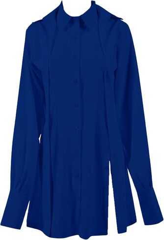 LYANER Women's Collar V Neck Blouse Long Sleeve Button Down Split Hem Long Shirt Top in Kuwait