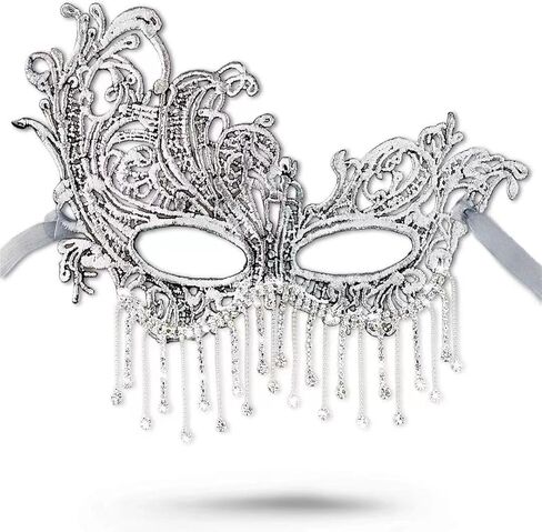 ARK Survivor Women's White Lace Masquerade Mask with Diamond Rhinestone Tassels for Mardi Gras Masquerade Gala Halloween Dress-Up Formal Costume Party Sparkling Mask For Goddesses (Prima Goddess) in Kuwait