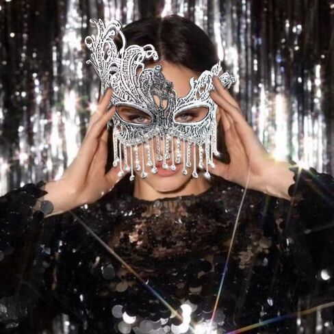 ARK Survivor Women's White Lace Masquerade Mask with Diamond Rhinestone Tassels for Mardi Gras Masquerade Gala Halloween Dress-Up Formal Costume Party Sparkling Mask For Goddesses (Prima Goddess) in Kuwait
