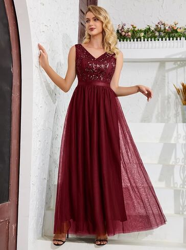 فستان Tidnesslife للسيدات 2023 أنيق مزين بالترتر للحفلات المسائية، فساتين رسمية مطرزة برقبة على شكل حرف V لحفلات الزفاف in Kuwait