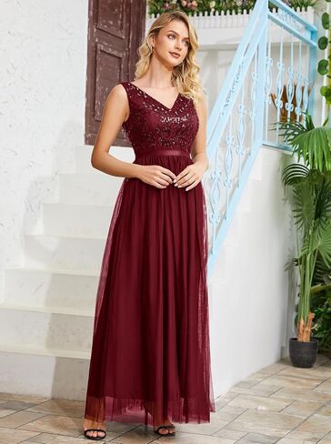 فستان Tidnesslife للسيدات 2023 أنيق مزين بالترتر للحفلات المسائية، فساتين رسمية مطرزة برقبة على شكل حرف V لحفلات الزفاف in Kuwait