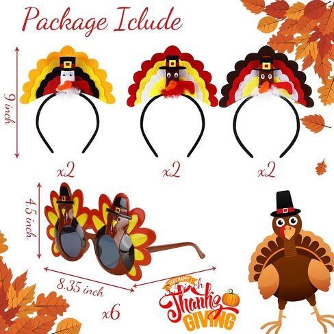 Xuhal 12 Pcs Thanksgiving Turkey Headbands and Sunglasses Thanksgiving Turkey Costume Accessories for Thanksgiving Day Party Favors Accessories Funny Creative Decoration in Saudi Arabia