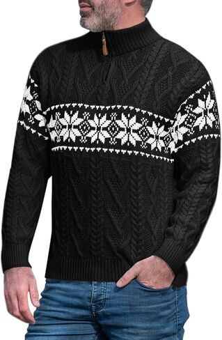 Makkrom Mens Quarter Zip Sweater Christmas Cable Knit Slim Fit Casual Mock Neck Polo Pullover Sweaters in Kuwait
