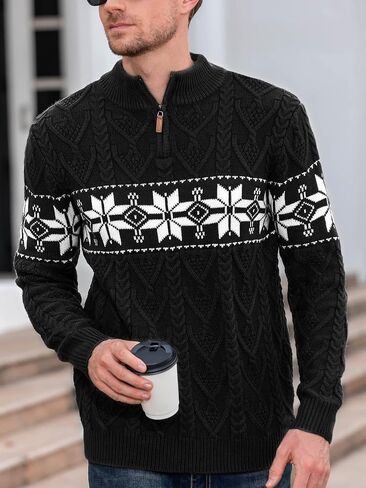 Makkrom Mens Quarter Zip Sweater Christmas Cable Knit Slim Fit Casual Mock Neck Polo Pullover Sweaters in Kuwait