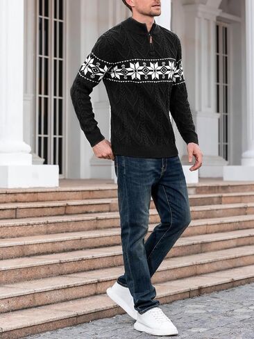 Makkrom Mens Quarter Zip Sweater Christmas Cable Knit Slim Fit Casual Mock Neck Polo Pullover Sweaters in Kuwait