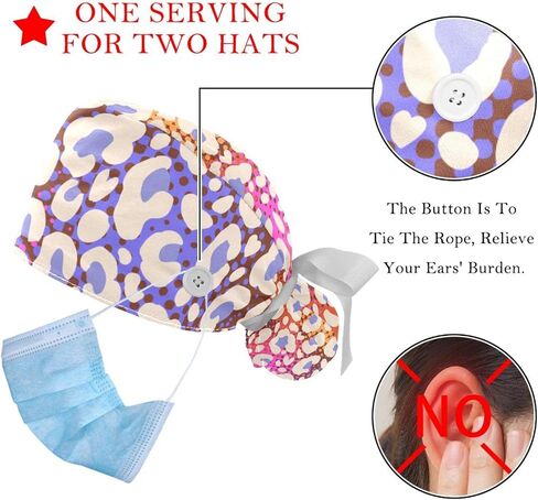 2 Packs Leopard Pattern Nurse Scrub Caps Women Long Hair, Adjustable Tie Back Skull Hat, One Size Working Head Cover in Saudi Arabia