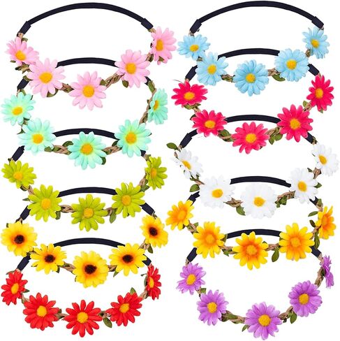 KEHAWK 10PCS Lady Girl Sunflower Headbands Multicolor Daisy Flower Crown Floral Garland with Adjustable Elastic Ribbon for Festival Wedding Party in Kuwait