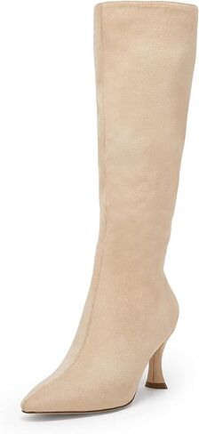 Coutgo Womens Knee High Boots Pointed Toe Kitten Heel Side Zipper Stretchy Vegan Suede Comfort Fall Winter Boot in Saudi Arabia