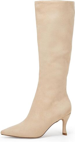 Coutgo Womens Knee High Boots Pointed Toe Kitten Heel Side Zipper Stretchy Vegan Suede Comfort Fall Winter Boot in Saudi Arabia