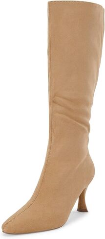 Coutgo Womens Knee High Boots Pointed Toe Kitten Heel Side Zipper Stretchy Vegan Suede Comfort Fall Winter Boot in Saudi Arabia