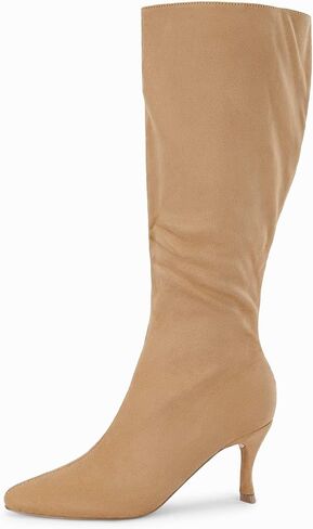Coutgo Womens Knee High Boots Pointed Toe Kitten Heel Side Zipper Stretchy Vegan Suede Comfort Fall Winter Boot in Saudi Arabia