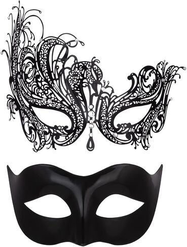Loieryk Masquerade Mask for Women and Men Couples Metal Rhinestone Masquerade Mask Set Mardi Gras Mask Masquerade Mask for Halloween Theme Party in Saudi Arabia