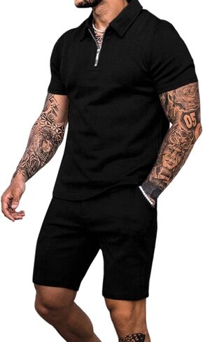 Babioboa Men's Short Sleeve Polo Shirt & Shorts set Summer Two Piece Outfits 3 Pockets zip Tracksuit Casual Athletic Sports in Kuwait