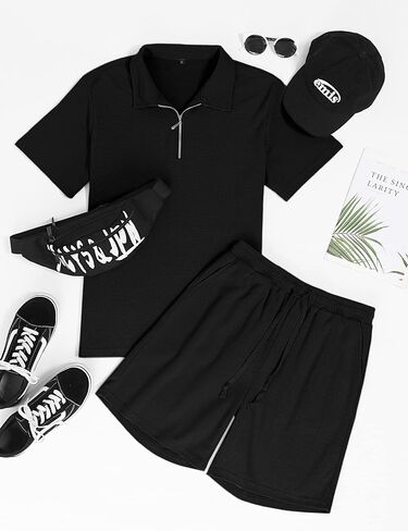 Babioboa Men's Short Sleeve Polo Shirt & Shorts set Summer Two Piece Outfits 3 Pockets zip Tracksuit Casual Athletic Sports in Kuwait