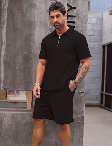 Babioboa Men's Short Sleeve Polo Shirt & Shorts set Summer Two Piece Outfits 3 Pockets zip Tracksuit Casual Athletic Sports in Kuwait