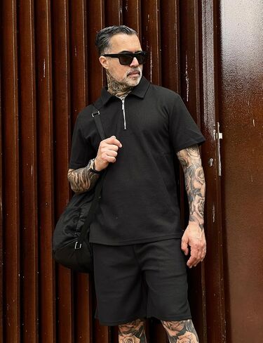 Babioboa Men's Short Sleeve Polo Shirt & Shorts set Summer Two Piece Outfits 3 Pockets zip Tracksuit Casual Athletic Sports in Kuwait
