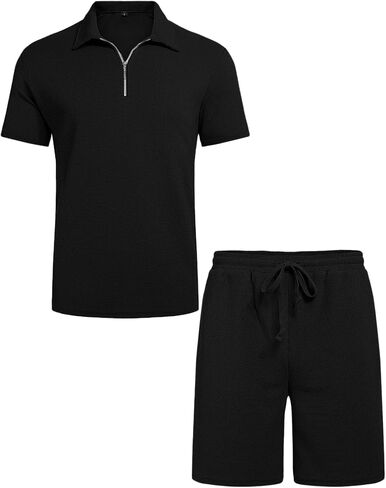 Babioboa Men's Short Sleeve Polo Shirt & Shorts set Summer Two Piece Outfits 3 Pockets zip Tracksuit Casual Athletic Sports in Kuwait