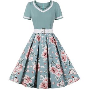 Women 1950s Vintage Short Sleeve Peter Pan Collar Retro Swing A Line Midi Summer Dress Cocktail Party Evening Prom Gown