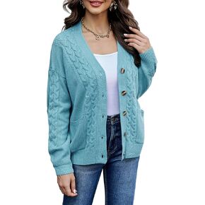 LIOFOER Women's Knitted Pattern Long Sleeve Sweater with Pocket Front Cardigan Button Loose Jacket
