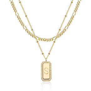 TONTMY STUDIOS Gold Necklace for Women Figaro Chain Choker Necklace 2 Layered Set Initial Bar Rectangle Pendant Necklaces 14K Gold Plated Simple Dainty Letter Necklace Everyday Gold Jewelry
