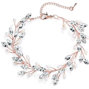 Mariell Bridal and Wedding Rose Gold Bracelet, Crystal Gems and Freshwater Pearls, Fits 7" to 8 ½" Wrist in Saudi Arabia