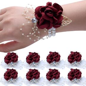 Axnhbubu 8pcs Claret Rose Wedding Girl's Wrist Corsage Bracelets,Bridesmaid Pearl Bracelet,Women's Hand Flowers for Wedding Party Prom,Homecoming Corsage.(8pcs Claret)