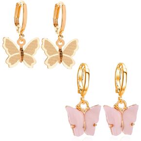 Charm Butterfly Hoop Earrings, 14K Gold Small Butterfly Dangle Earrings,Crystal Butterfly Drop Earring Silver rhinestones Butterfly Earrings for Women Girls