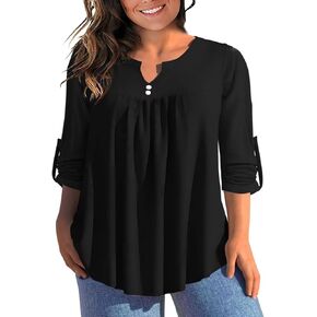 AMCLOS Womens Tops Plus Size V Neck T-Shirts Blouses Casual Flowy Pleated Floral Tunic Long Roll Tab Sleeves