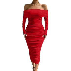 LAGSHIAN Women Sexy Off Shoulder Long Sleeve Bodycon Ruched Midi Elegant Cocktail Party Dress in Saudi Arabia