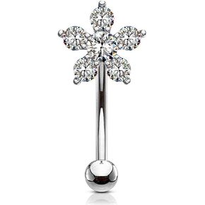 Forbidden Body Jewelry 16g 6mm Surgical Steel Curved Barbell for Daith, Eyebrow, Rook & Belly Button with CZ Floral Top