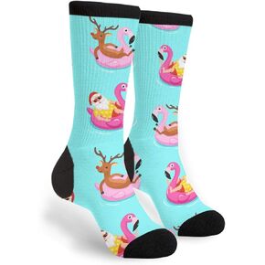 Tropical Pink Flamingo Leaves Black Stripe Fun Colorful Novelty Graphic Crew Tube Socks For Men Women