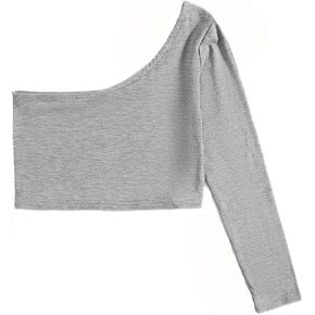 Milumia Girl One Shoulder Long Sleeve Crop Top Asymmetrical Neck Solid Tee Shirt