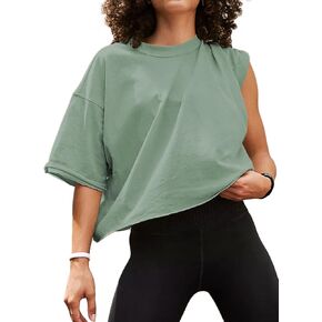Women's Oversize Workout Crop Tops Short Sleeve Crewneck Drop Shoulder Boxy T Shirts Summer Casual Solid Basic Tees