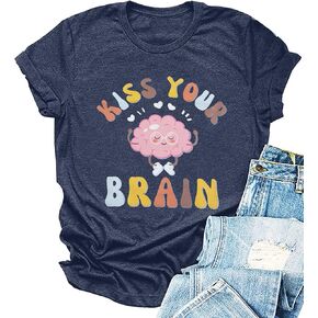 FLOYU Women Teacher Shirts Kiss Your Brain Teacher Shirt Special Education Teacher Tops Casual Teacher Life Clothes
