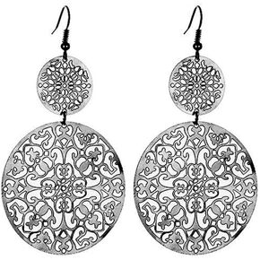 MALOYANVE Filigree Disc Drop Earrings for Women Girls Delicate Double Hollow Out Round Disc Statement Earrings Bohemian Metallic Disc Dangle Hook Earrings
