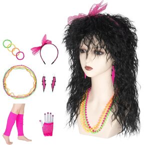 Yan Dream 80s Costumes Wig for Women Set - Long Brown Curly Wig, Pink Hairband, Earrings, Fishnet Gloves, Leg Warmers, Bead Bracelets Necklaces