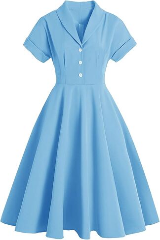 Women 1950s Vintage Short Sleeve Peter Pan Collar Retro Swing A Line Midi Summer Dress Cocktail Party Evening Prom Gown in Kuwait
