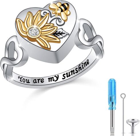 HOOHWE عباد الشمس جرة خاتم الحرق الدائري للرماد S925 الفضة الاسترليني شكل قلب عقد أحبائهم رماد أنت بلدي أشعة الشمس ديزي التذكارية تذكار المدلاة للأم ابنة زوجة المرأة الرماد البشري حجم 7 in Kuwait