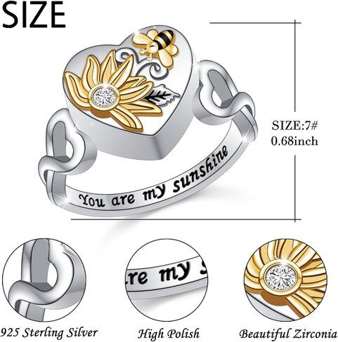 HOOHWE عباد الشمس جرة خاتم الحرق الدائري للرماد S925 الفضة الاسترليني شكل قلب عقد أحبائهم رماد أنت بلدي أشعة الشمس ديزي التذكارية تذكار المدلاة للأم ابنة زوجة المرأة الرماد البشري حجم 7 in Kuwait