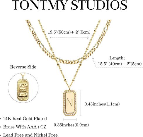 TONTMY STUDIOS قلادة ذهبية للنساء فيجارو سلسلة قلادة قلادة 2 مجموعة الطبقات شريط أولي مستطيل قلادة القلائد 14K مطلية بالذهب بسيطة الرسالة قلادة مجوهرات الذهب اليومية in Kuwait