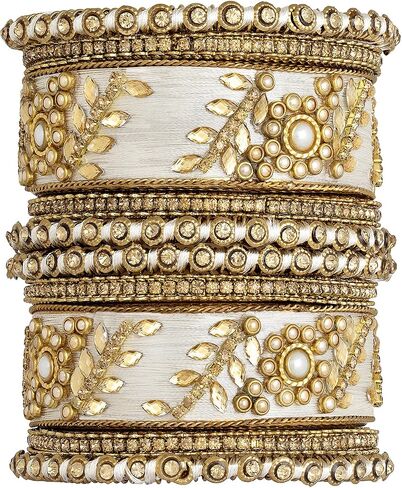 Aheli Traditional Wedding Designer Silk Thread Faux Stone Studded Bridal Bangle Set Chuda Indian Ethnic Bollywood Fashion Jewelry for Women (White 2.8 Inch) in Kuwait