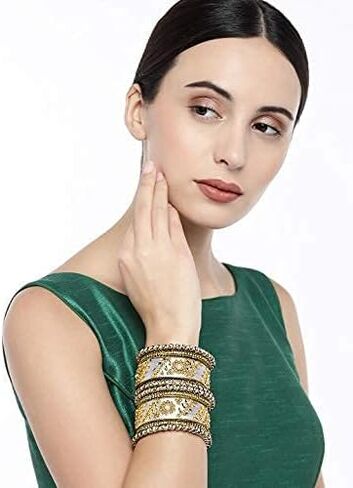 Aheli Traditional Wedding Designer Silk Thread Faux Stone Studded Bridal Bangle Set Chuda Indian Ethnic Bollywood Fashion Jewelry for Women (White 2.8 Inch) in Kuwait