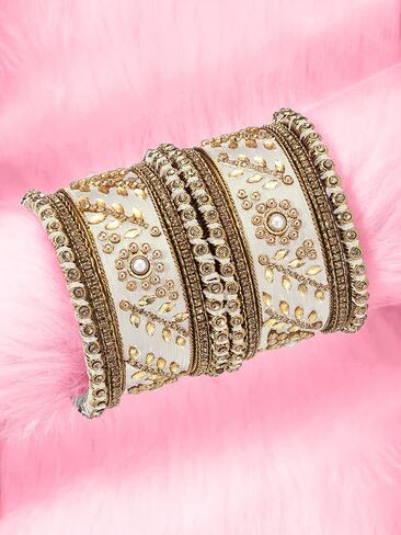 Aheli Traditional Wedding Designer Silk Thread Faux Stone Studded Bridal Bangle Set Chuda Indian Ethnic Bollywood Fashion Jewelry for Women (White 2.8 Inch) in Kuwait