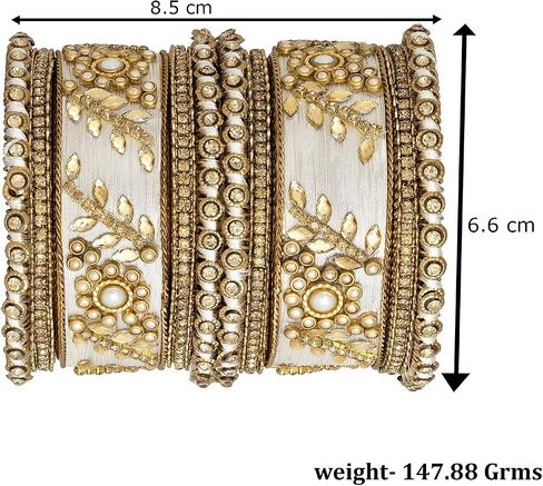 Aheli Traditional Wedding Designer Silk Thread Faux Stone Studded Bridal Bangle Set Chuda Indian Ethnic Bollywood Fashion Jewelry for Women (White 2.8 Inch) in Kuwait