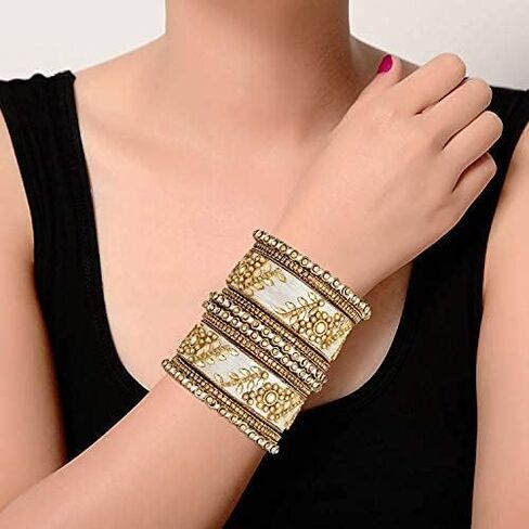 Aheli Traditional Wedding Designer Silk Thread Faux Stone Studded Bridal Bangle Set Chuda Indian Ethnic Bollywood Fashion Jewelry for Women (White 2.8 Inch) in Kuwait